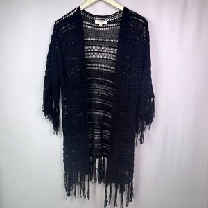 Umgee Black Crochet Fringe Open Front Cardigan Boho Festival Kimono S/M